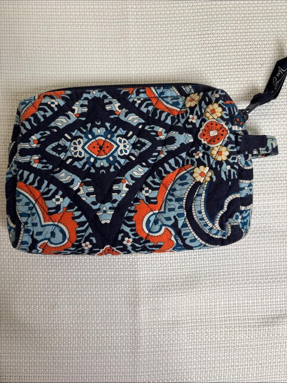 Vera Bradley Navy Quilted Cosmetic Wristlet with Orange & Light Blue Paisley